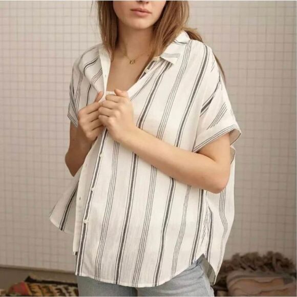 Madewell Central Parkman Striped Shirt Women's Medium White Blue Short Sleeve - Picture 1 of 8